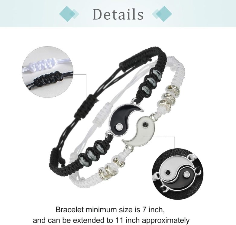 Best Friend Bracelets for 2 Matching Yin Yang Adjustable Cord Bracelet for Bff Friendship Relationship Boyfriend Girlfriend Valentines Gift - Image 5