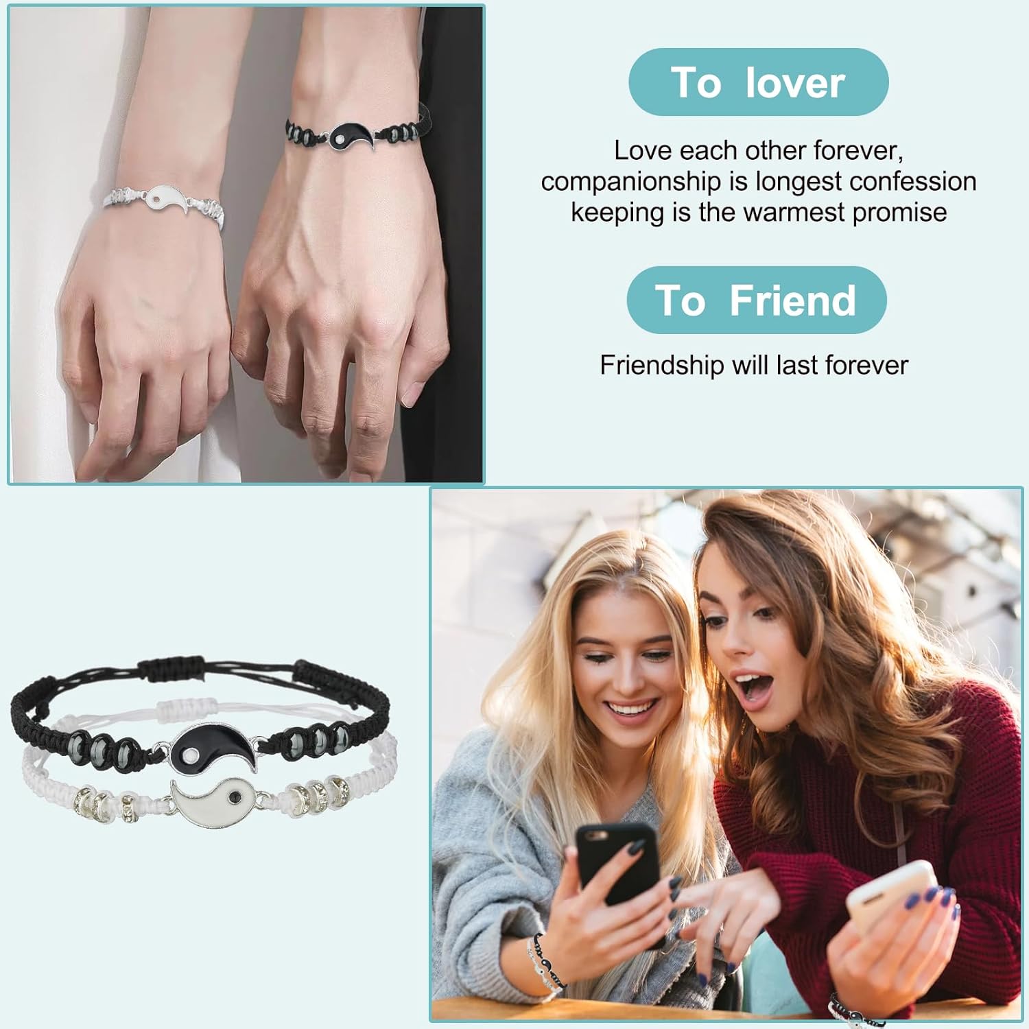 Best Friend Bracelets for 2 Matching Yin Yang Adjustable Cord Bracelet for Bff Friendship Relationship Boyfriend Girlfriend Valentines Gift - Image 6