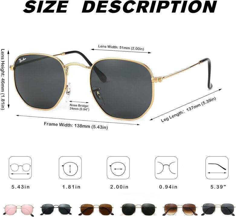 Small Square Sunglasses for Women Men 100% Real Glass Lens Hexagonal Frame - Image 3