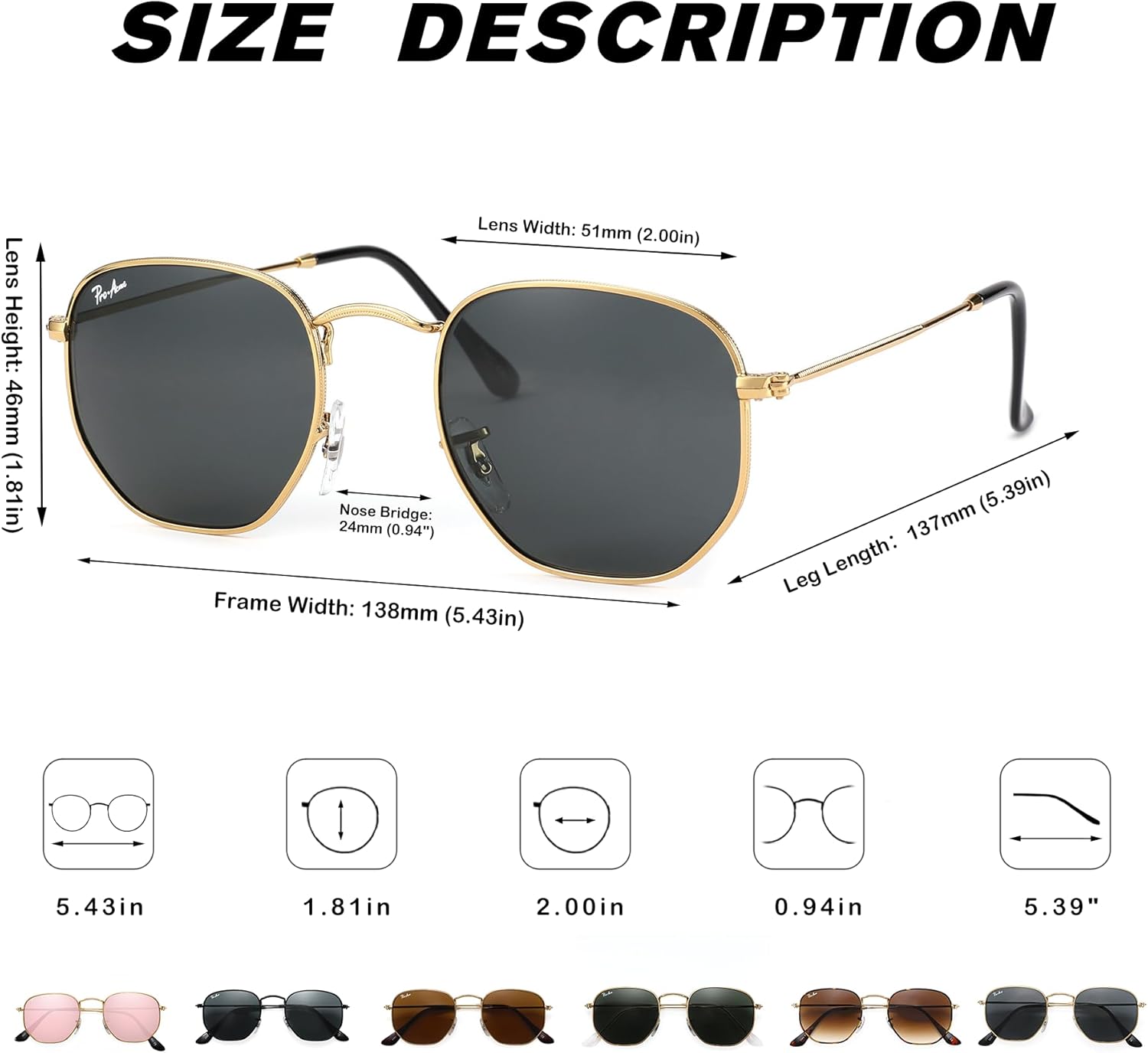 Small Square Sunglasses for Women Men 100% Real Glass Lens Hexagonal Frame - Image 3