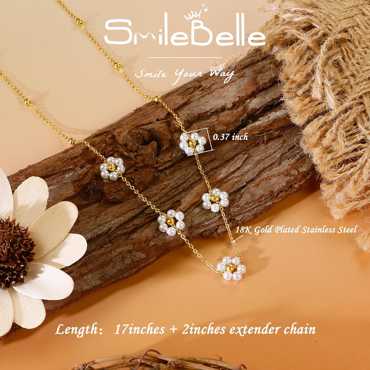 SmileBelle Daisy Pearl Necklace, Dainty Pearl Choker Necklace for Women as Flower Necklace Gift, 14K Gold Plated Stainless Steel Gold Necklaces as Birthday Gifts for Her Daisy Costume Gift - Image 3