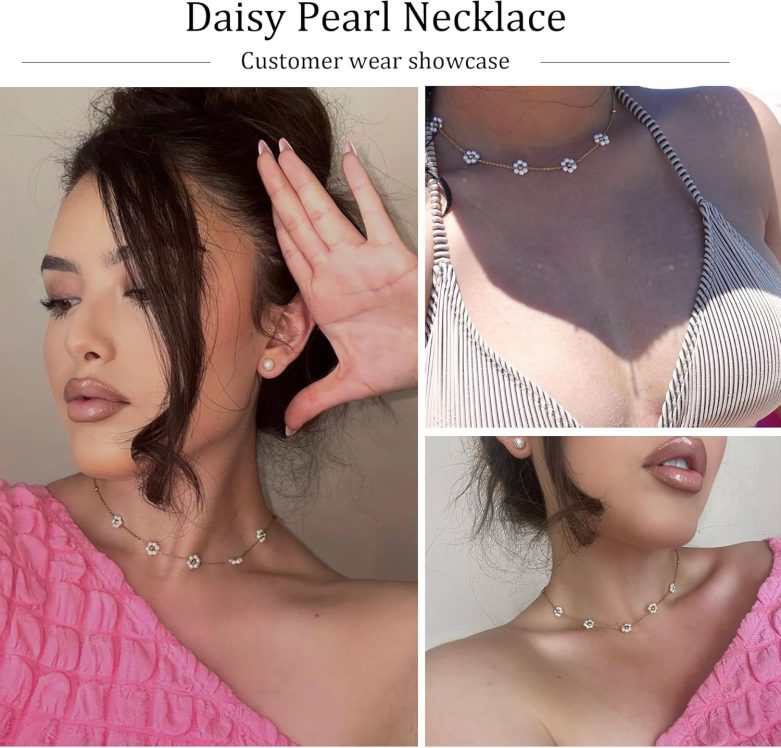 SmileBelle Daisy Pearl Necklace, Dainty Pearl Choker Necklace for Women as Flower Necklace Gift, 14K Gold Plated Stainless Steel Gold Necklaces as Birthday Gifts for Her Daisy Costume Gift - Image 4