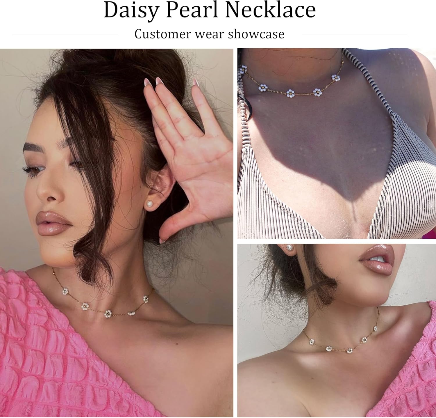 SmileBelle Daisy Pearl Necklace, Dainty Pearl Choker Necklace for Women as Flower Necklace Gift, 14K Gold Plated Stainless Steel Gold Necklaces as Birthday Gifts for Her Daisy Costume Gift - Image 4