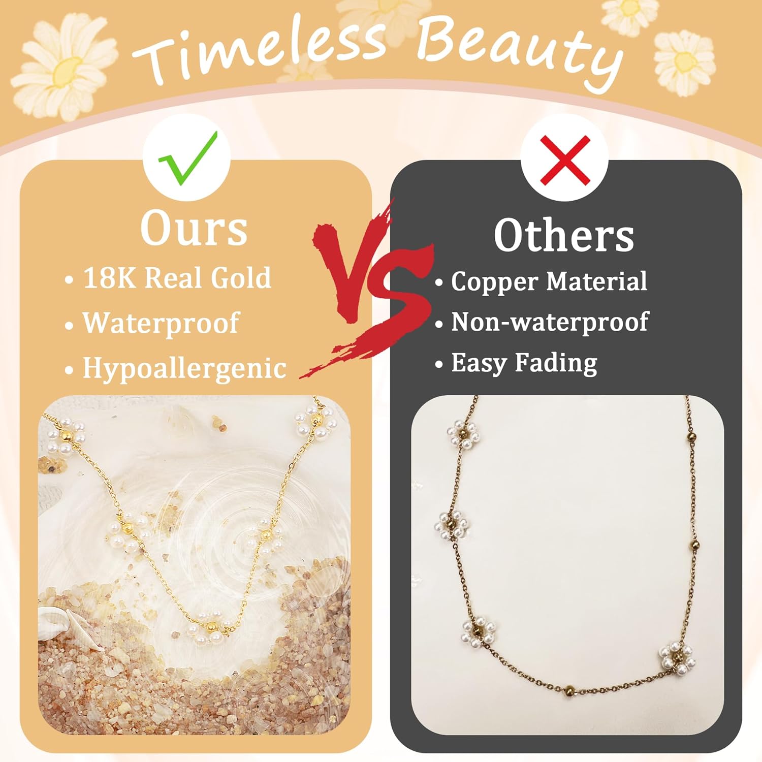 SmileBelle Daisy Pearl Necklace, Dainty Pearl Choker Necklace for Women as Flower Necklace Gift, 14K Gold Plated Stainless Steel Gold Necklaces as Birthday Gifts for Her Daisy Costume Gift - Image 5
