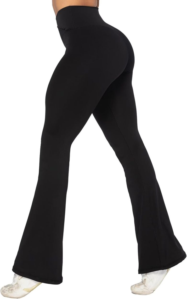 Womens Flare Leggings No Front Seam Flare Yoga Pants with Tummy Control Crossover High Waist and Wide Leg